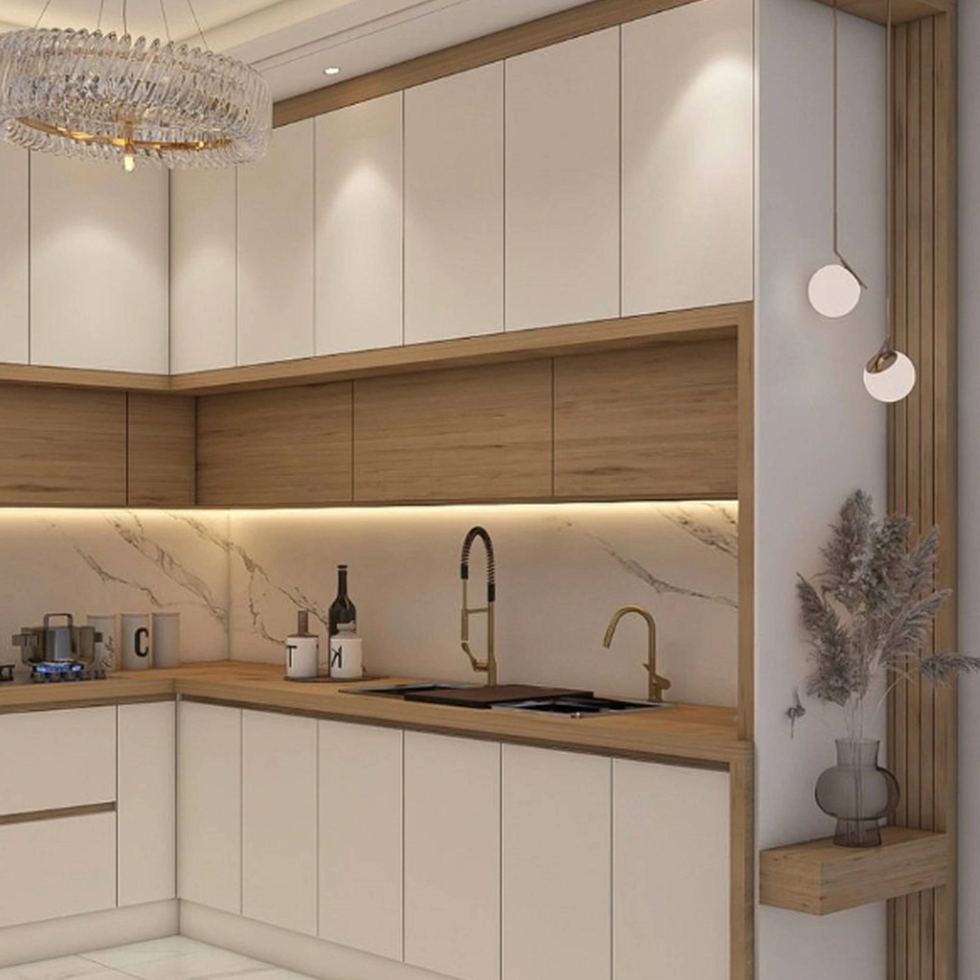Cocina integral en melamina blanca con madera