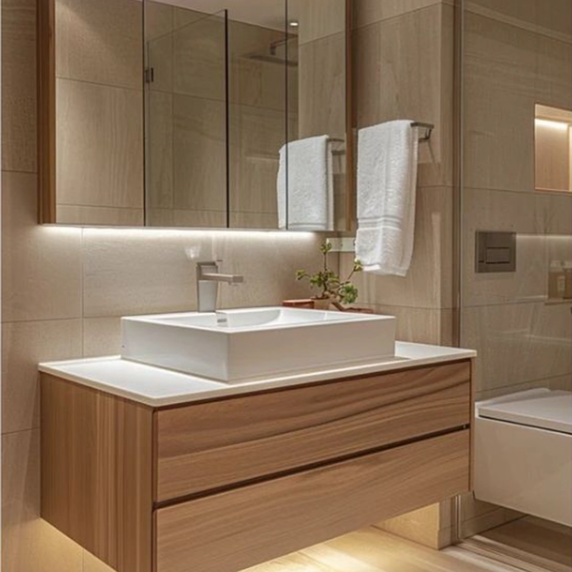Mueble de baño flotante en madera con lavamanos cuadrado