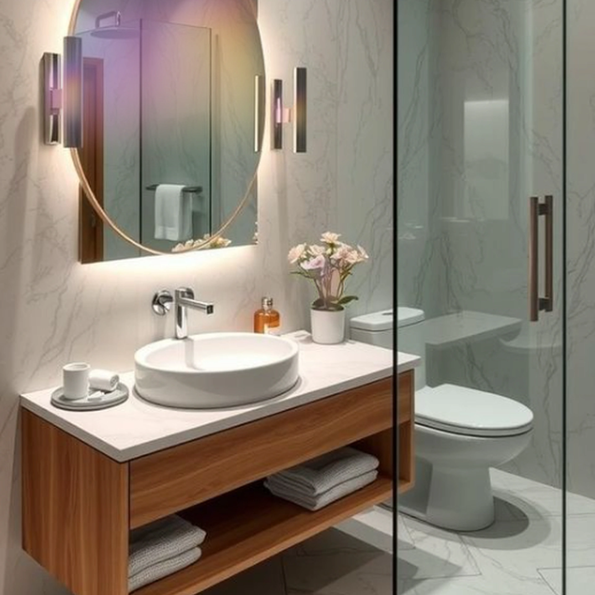 Mueble de baño madera con espejo redondo