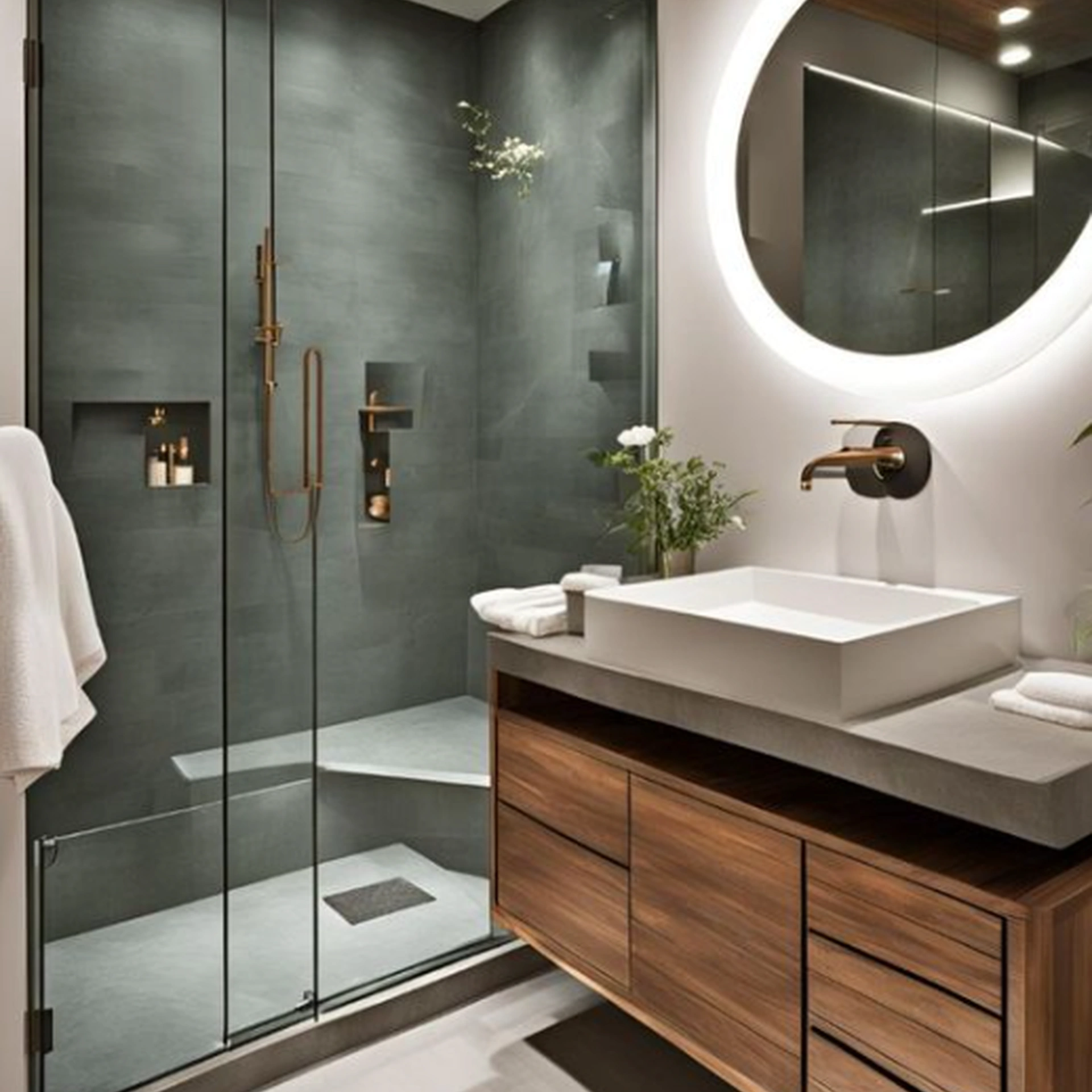 Mueble de baño premium en madera con ducha de vidrio