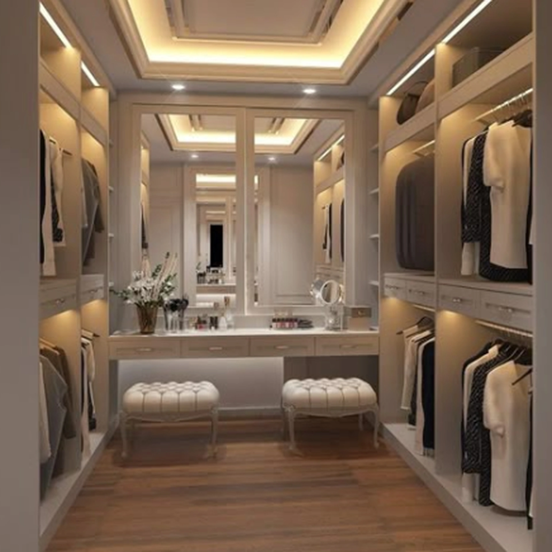 Walk-in closet con tocador y bancas integradas